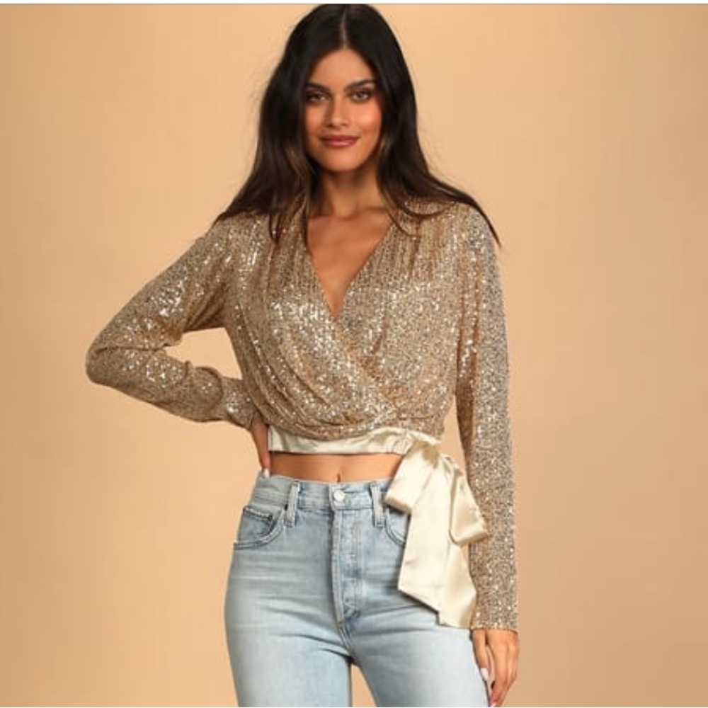 Gold Sequin Faux-Wrap Long Sleeve Crop Top
